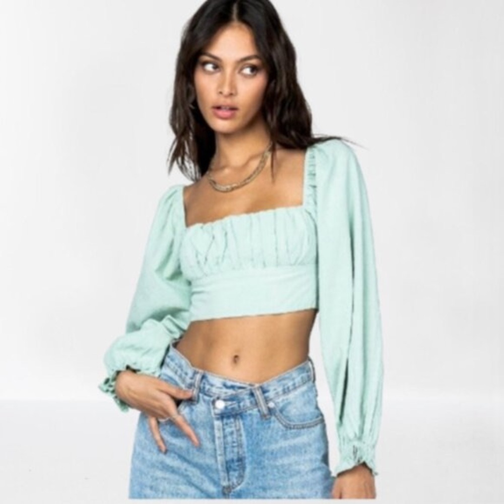 Princess Polly Orione Long Puff Sleeve Crop Top in Sage Green, US 2